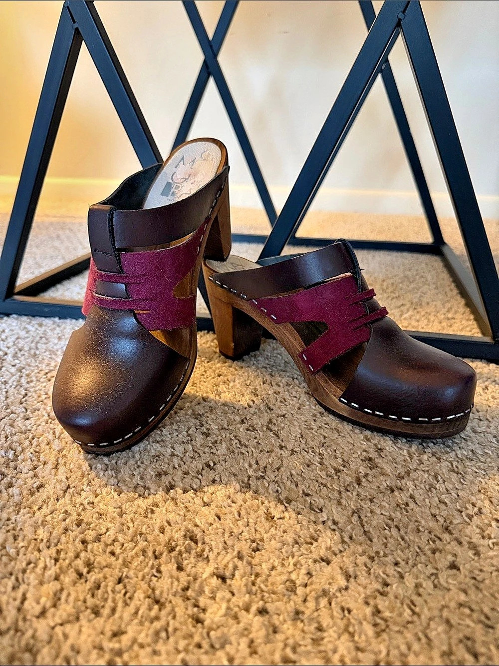 Maguba Women's Wood-Heel Clogs in Brown & Purple